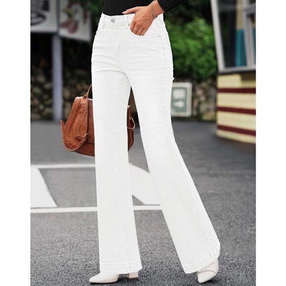 Womens White High Waisted Wide Leg Baggy Denim Flare Pants - Picture 2 of 7
